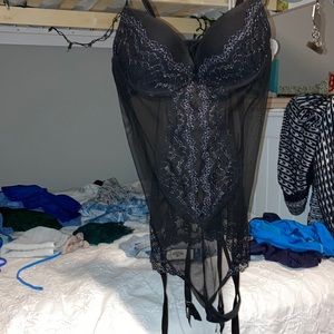 Corset teddy womens intimates black and shiny detail lace push up size l